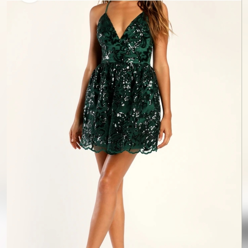 Lulus Sweetest Celebrations Emerald Green Sequin Skater Mini Dress